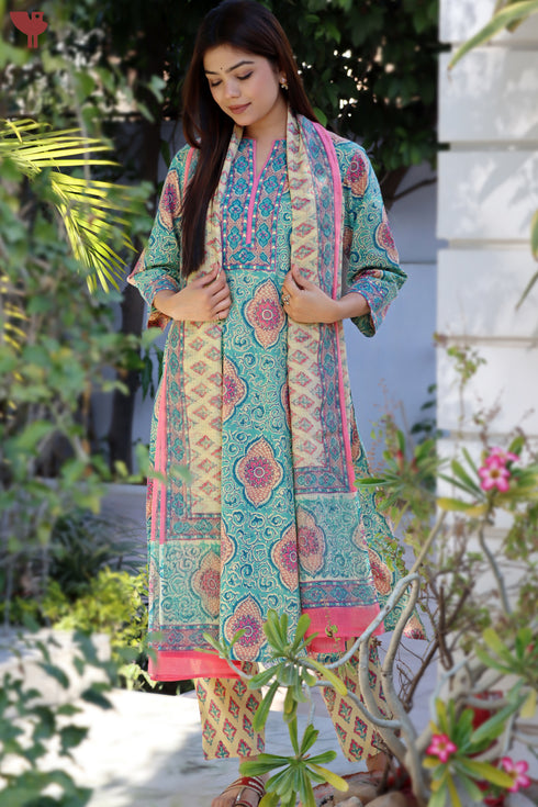Cambric Cotton Kurta Pant Set With Kota Dupatta In Block Print