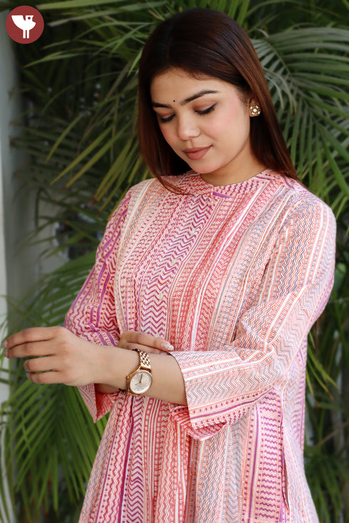 Cambric Cotton Pintucked Top In Block Print