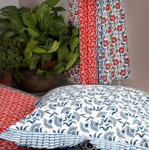 20s Cotton Cushion Cover With Frills In FloralBlock Print