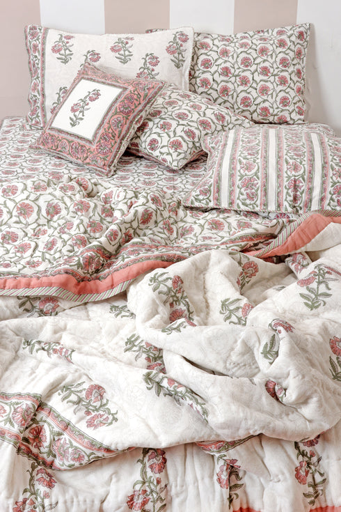 20s Cotton KING SIZE Bed Cover In Floral Block Print