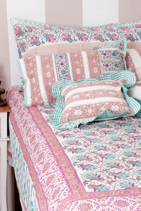 20s Cotton Cushion Cover With Frills In Floral Block Print