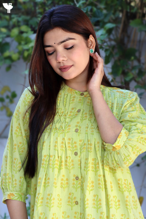 Khaadi Cotton Lime Top With Floral Block Print