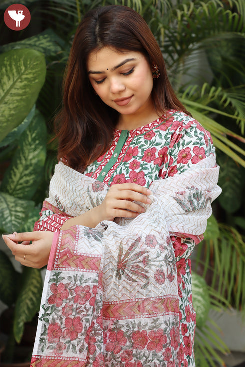 Cambric Cotton Kurta Pant With Dupatta In Floral Block Print