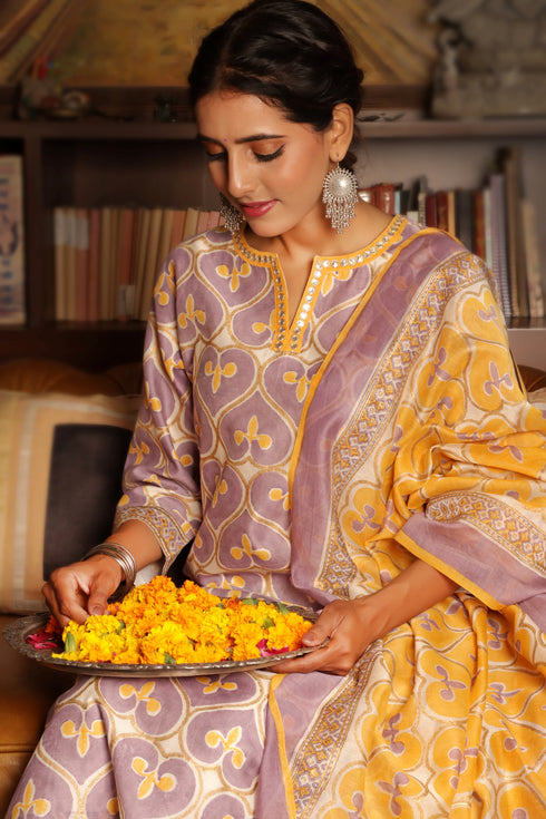 Chanderi Silk Kurta Pant And Dupatta Set In Floral Block Print