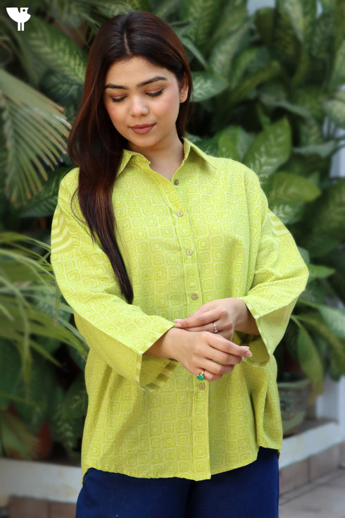 Khaadi Cotton Lime Shirt Top In Block Print