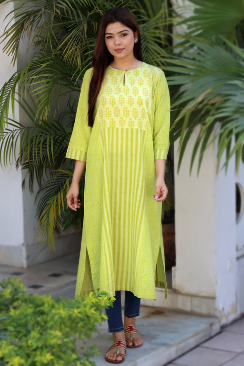 Khaadi Cotton Lime Kurta In Floral Block Print
