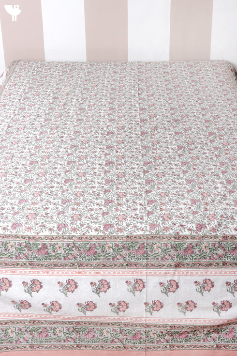 20s Cotton Bed Cover In Floral Block Print Soft White Peach