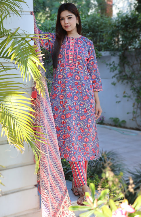 Terry Voile Kurta Pant With Kota Dupatta In Floral Block Print