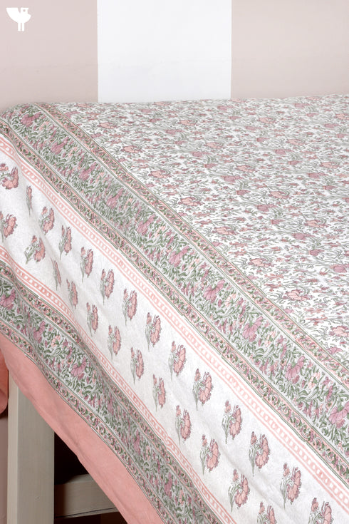 20s Cotton Bed Cover In Floral Block Print Soft White Peach