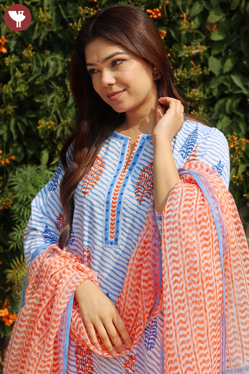 Cambric Cotton Kurta Pant With Dupatta In Block Print