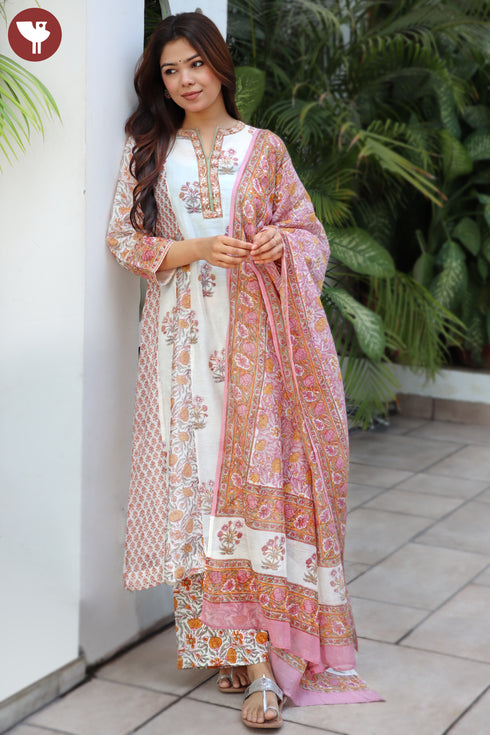 Chanderi Silk Kurta Pant With Dupatta In Floral Block Print