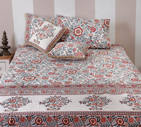 20s Cotton Bed Cover In Indian Blue and Brick Red Floral Print