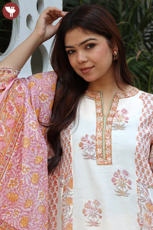 Chanderi Silk Kurta Pant With Dupatta In Floral Block Print