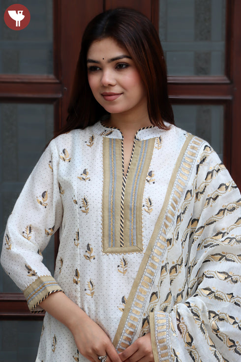 Chanderi Silk Ivory Kurta Pant With Dupatta In Gota Patti