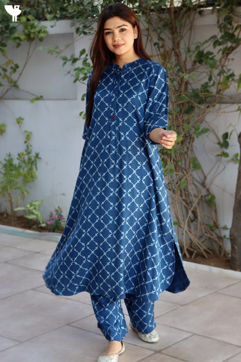Rayon Twill Blue Kurta and Pant Set With Block Print