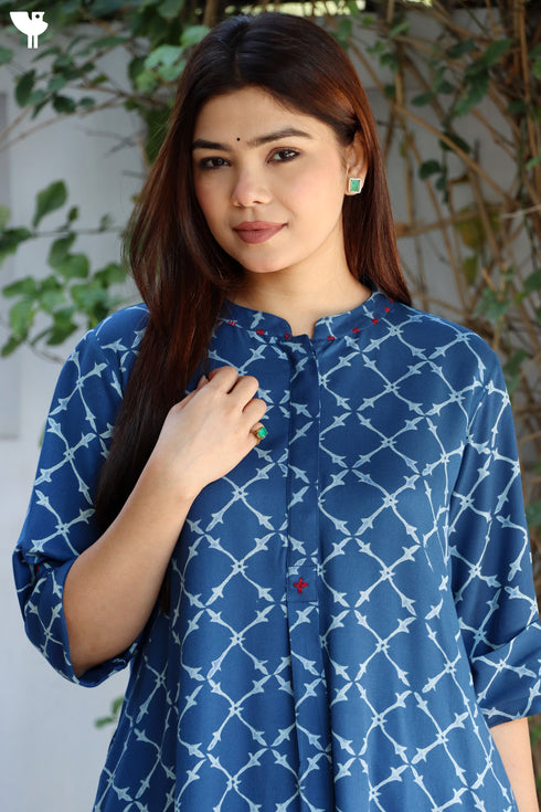 Rayon Twill Blue Kurta and Pant Set With Block Print