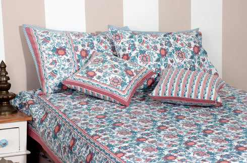40s Cotton Pillow Cover In Pink & Indigo Floral Jaal Print