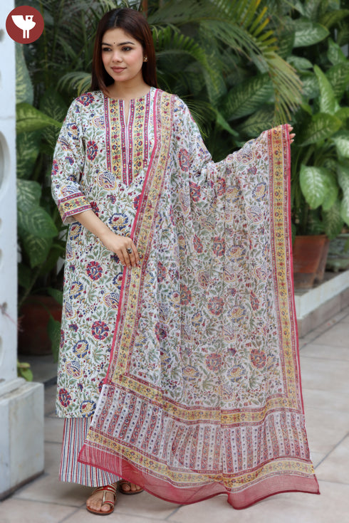 Kota Doria Ivory Dupatta In Floral Block Print