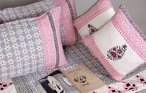 40s Cotton Pillow Cover in Floral Block Print