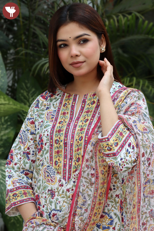 Mulmul Cotton Ivory Kurta In Floral Block Print