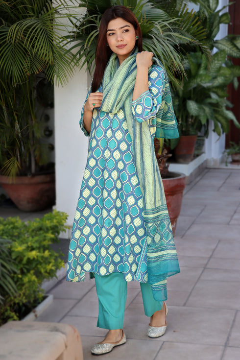 Bizzy Lizzy Kurta Pant Set With Kota Dupatta In Block Print