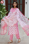 Cambric Cotton Kurta Pant With Dupatta In Floral Block Print