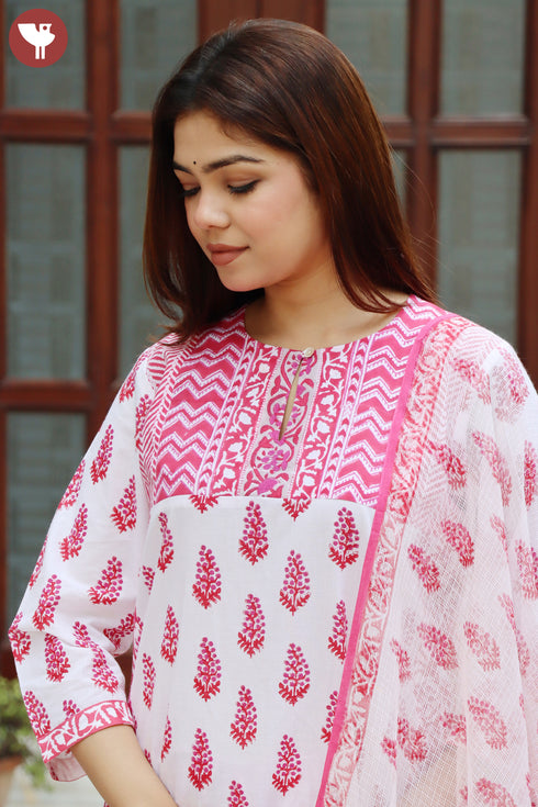 Cambric Cotton Kurta Pant With Dupatta In Floral Block Print