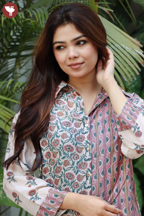 Modal Silk Top In Strip Floral Block Print