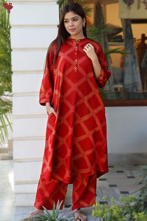 Rayon Twill Red Kurta and Pant Set With Block Print
