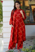 Rayon Twill Red Kurta and Pant Set With Block Print