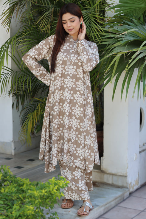 Rayon Twill Taupe Kurta and Pant Set With Block Print