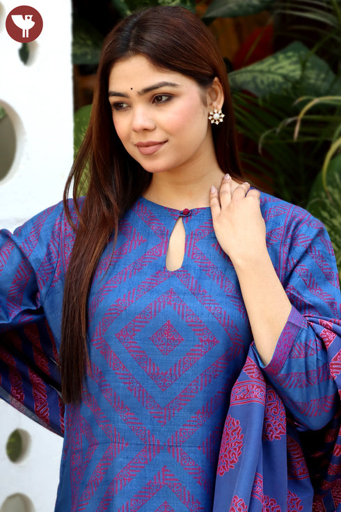 Tussar Kurta Pant With Dupatta In Block Print