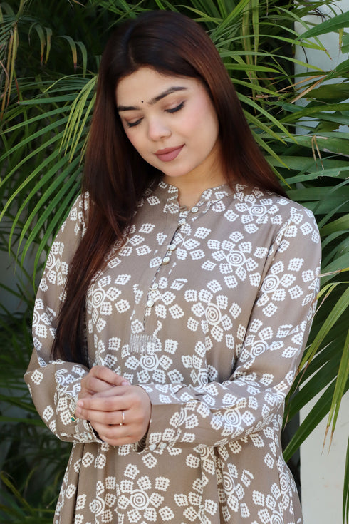 Rayon Twill Taupe Kurta and Pant Set With Block Print