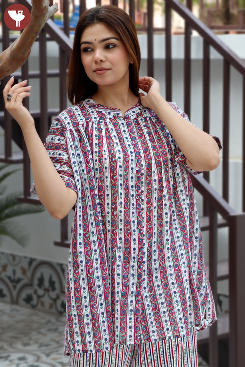Mulmul Cotton White Printed Top InBlock Print