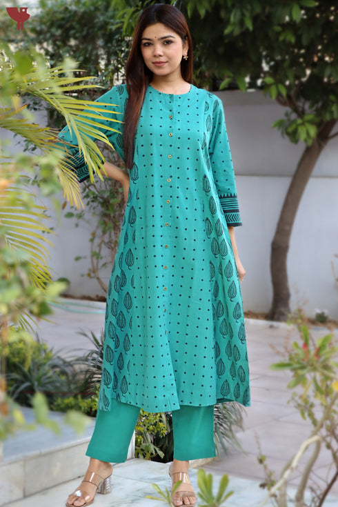 Handloom Cotton Kurta And Pant Set With Block Print