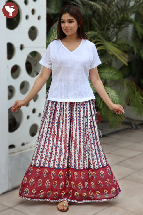 Mulmul Cotton Long Skirt In Block Print