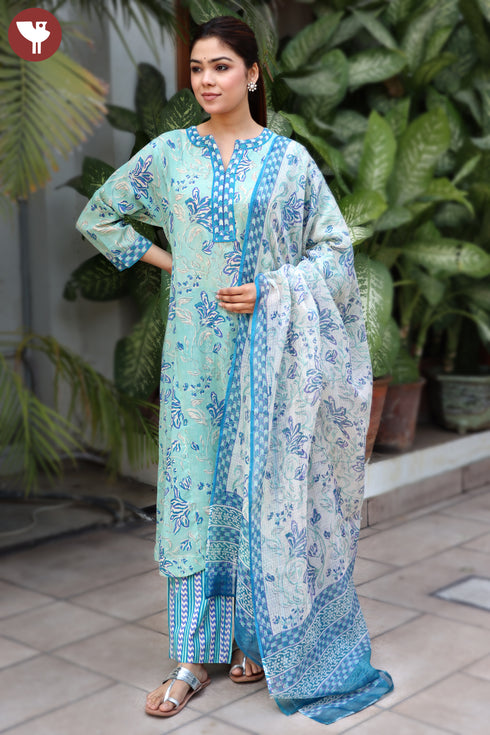 Mulmul Cotton Kurta Pant And Dupatta Set In Block Print