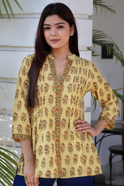 Khaadi Cotton Pintucked Top In Floral Print Mustard