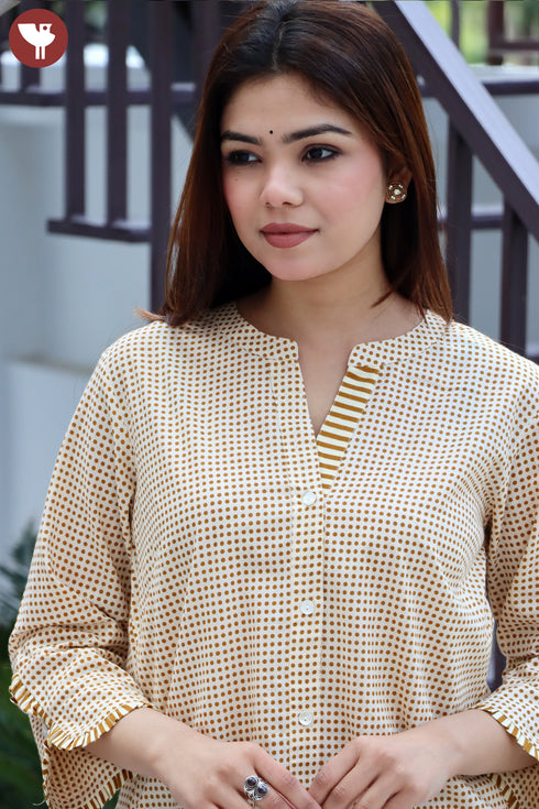 Cambric Cotton Mustard Top In Dot Print