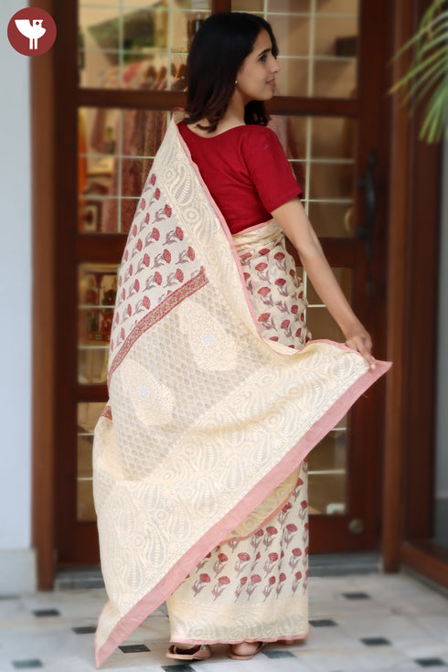 Kota Doria Saree In Block Print with Chikankari Embroidery