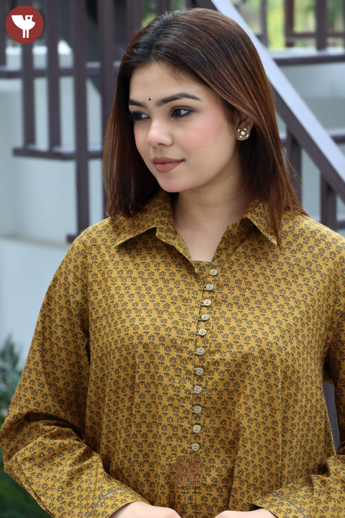 Cambric Cotton Mustard Top In Block Print