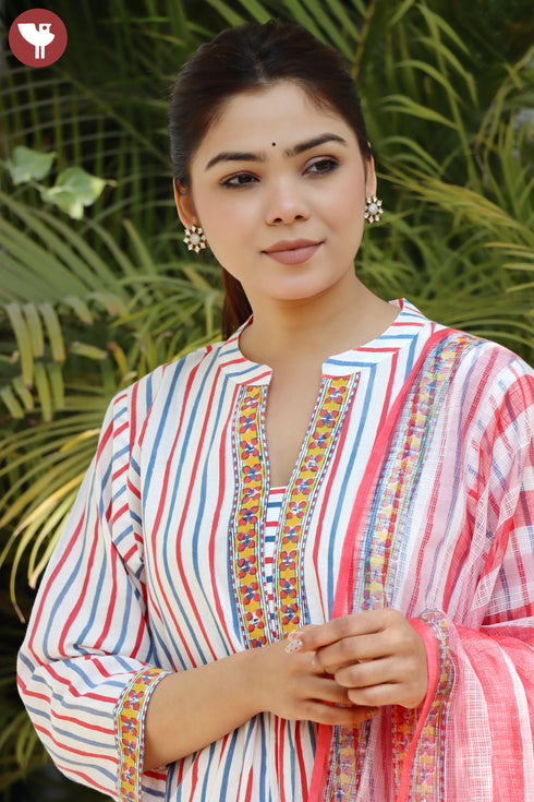 Cambric Cotton Kurta Pant With Dupatta In Striped Block Print