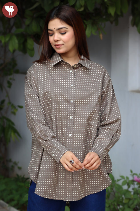 Cambric Cotton Taupe Dotted Top In Block Print