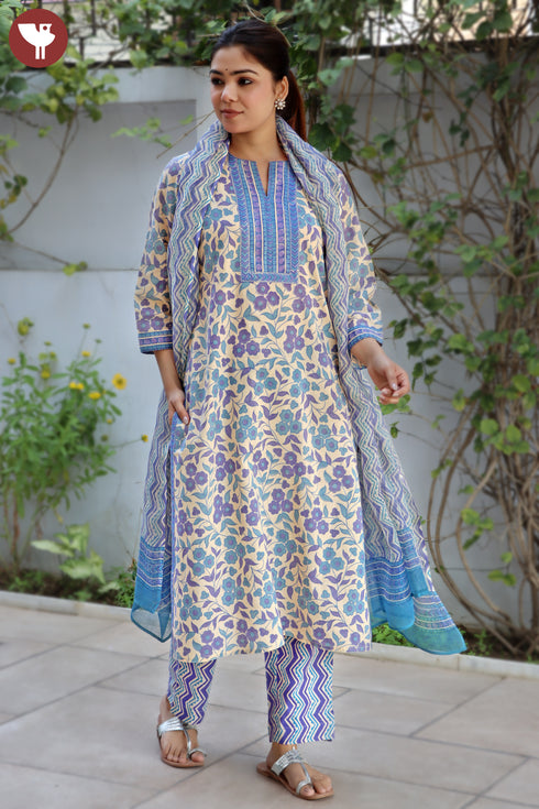 Terry Voile Kurta Pant And Kota Dupatta In Floral Block Print