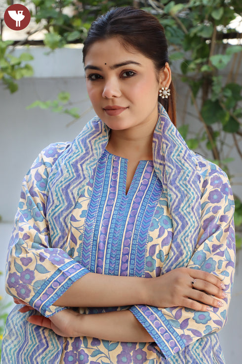 Terry Voile Kurta Pant And Kota Dupatta In Floral Block Print