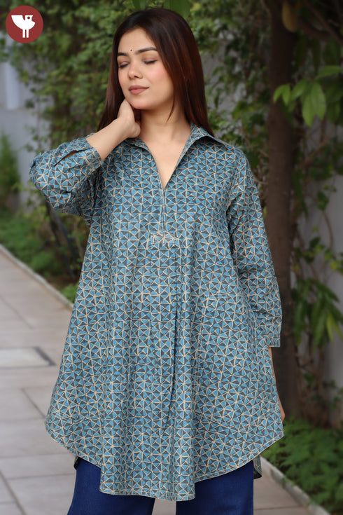 Cambric Cotton Slate Blue Geometric Top