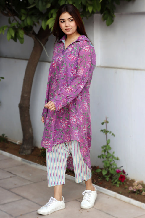 Mulmul Cotton Mauve Boyfriend Shirt Long