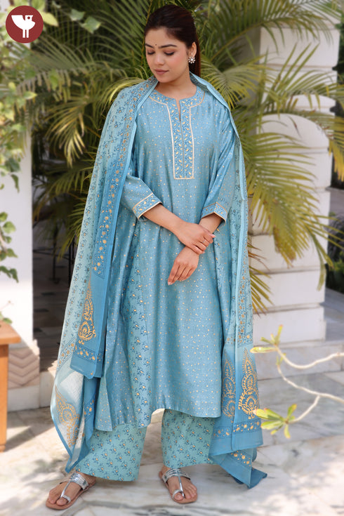 Chanderi Silk Kurta Pant And Dupatta Set In Block Print