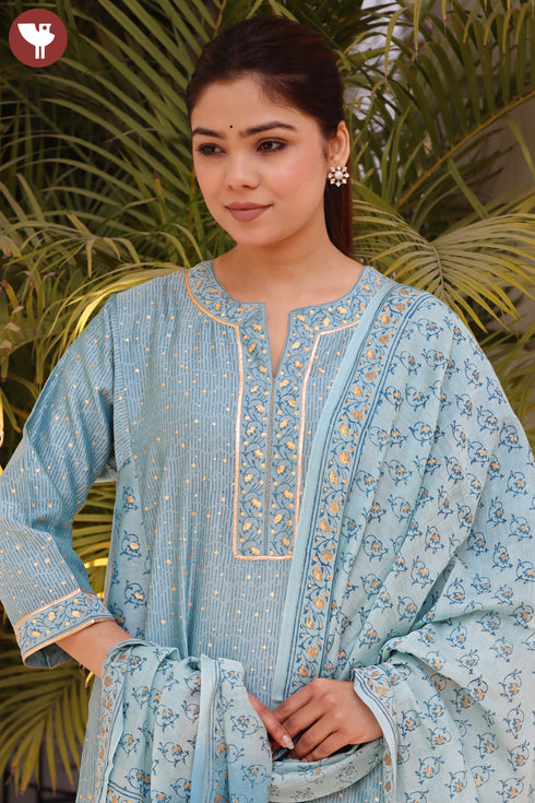 Chanderi Silk Kurta Pant And Dupatta Set In Block Print