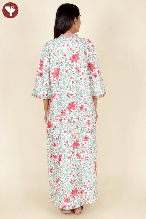 60’s Cotton V-Neck Sleeved Kaftan In Floral Print